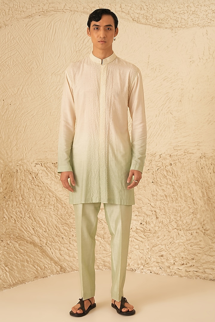 Ivory-Pista Ombre Cotton Silk Hand Embroidered Kurta Set by Shreyansh Designs at Pernia's Pop Up Shop