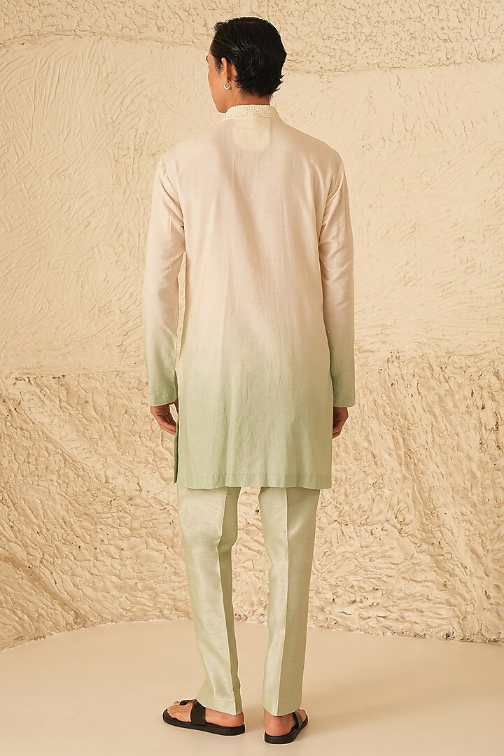 Ivory-Pista Ombre Cotton Silk Hand Embroidered Kurta Set by Shreyansh Designs at Pernia's Pop Up Shop
