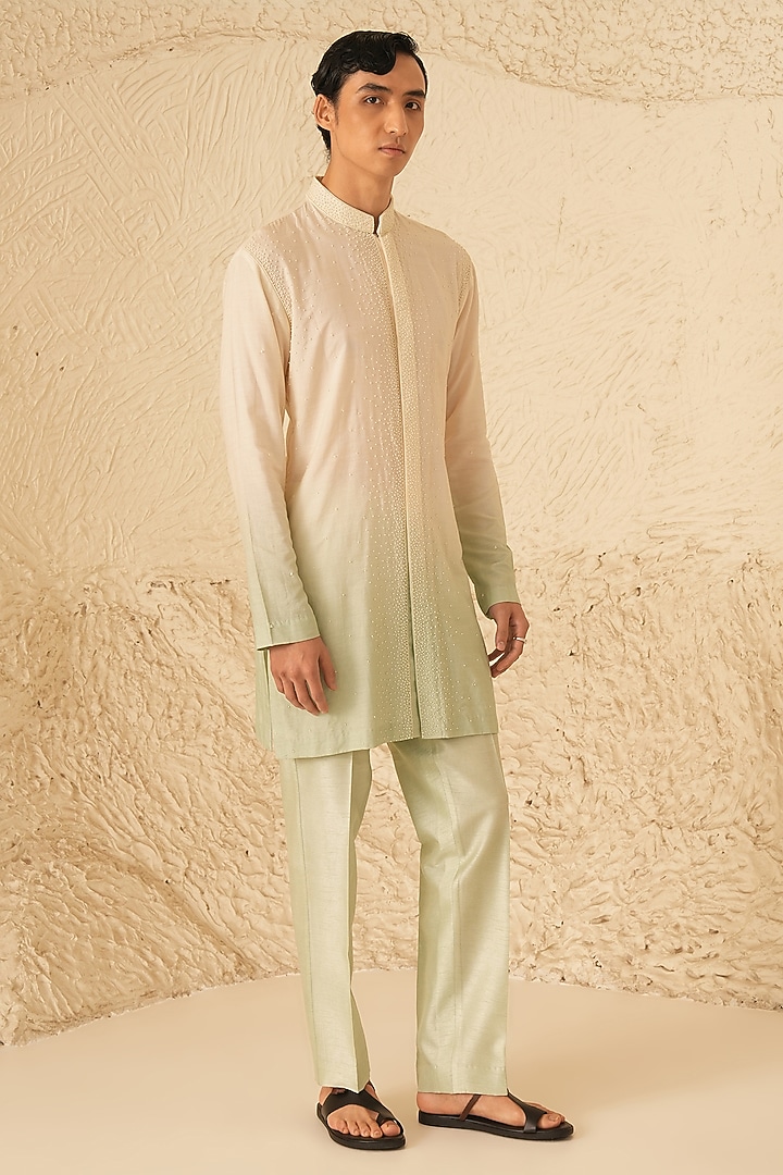 Ivory-Pista Ombre Cotton Silk Hand Embroidered Kurta Set by Shreyansh Designs at Pernia's Pop Up Shop