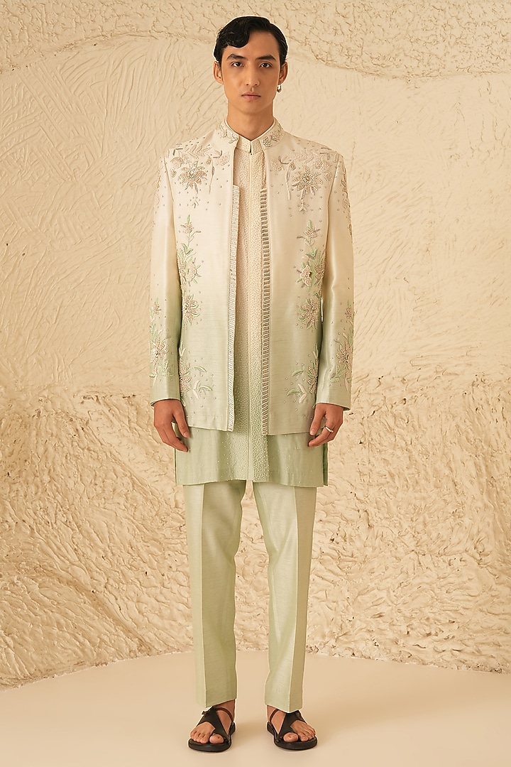 Ivory-Pista Ombre Dupion Silk Hand Embroidered Indowesern Set by Shreyansh Designs at Pernia's Pop Up Shop