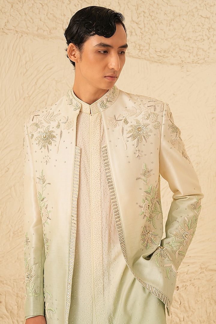 Ivory-Pista Ombre Dupion Silk Hand Embroidered Indowesern Set by Shreyansh Designs at Pernia's Pop Up Shop
