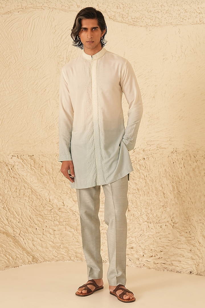 Ivory-Powder Blue Ombre Cotton Silk Hand Embroidered Kurta Set by Shreyansh Designs at Pernia's Pop Up Shop