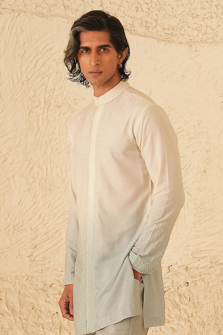 Ivory-Powder Blue Ombre Cotton Silk Hand Embroidered Kurta Set by Shreyansh Designs at Pernia's Pop Up Shop