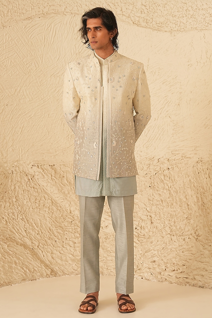 Ivory-Grey Ombre Dupion Silk Hand Embroidered Wedding Indowestern Set by Shreyansh Designs at Pernia's Pop Up Shop