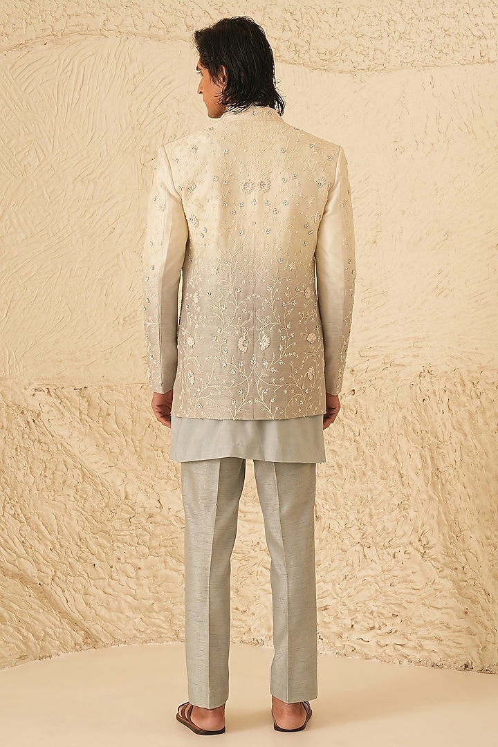 Ivory-Grey Ombre Dupion Silk Hand Embroidered Wedding Indowestern Set by Shreyansh Designs at Pernia's Pop Up Shop