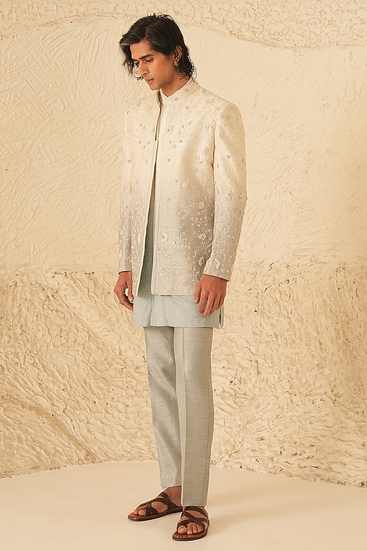 Ivory-Grey Ombre Dupion Silk Hand Embroidered Wedding Indowestern Set by Shreyansh Designs at Pernia's Pop Up Shop