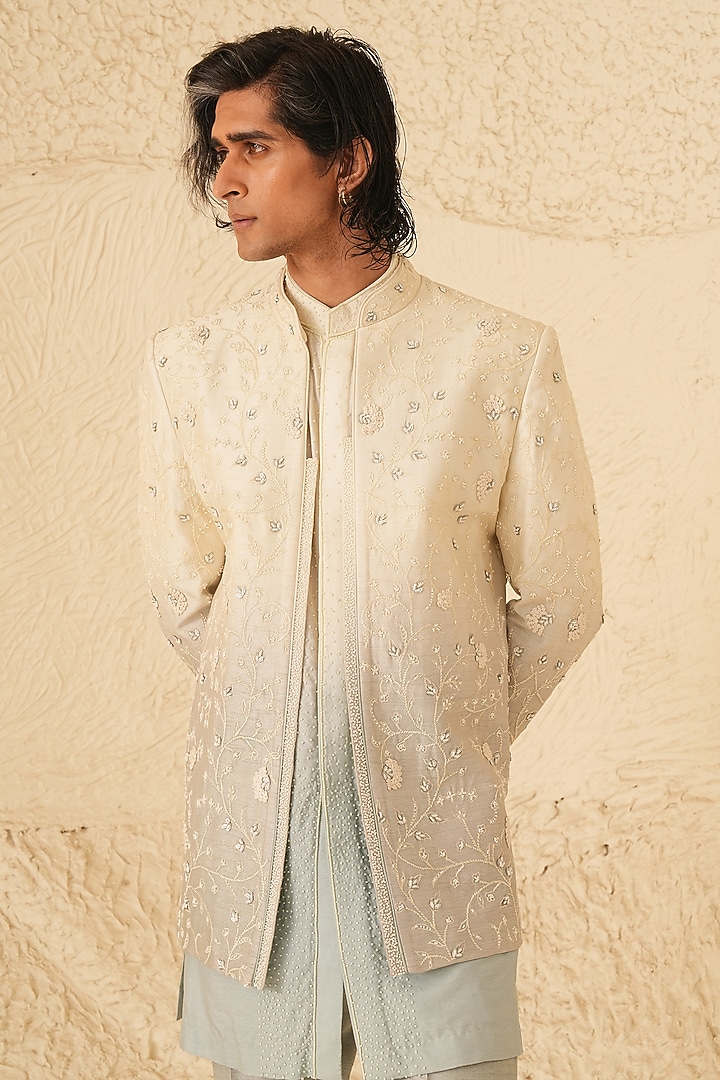 Ivory-Grey Ombre Dupion Silk Hand Embroidered Wedding Indowestern Set by Shreyansh Designs at Pernia's Pop Up Shop