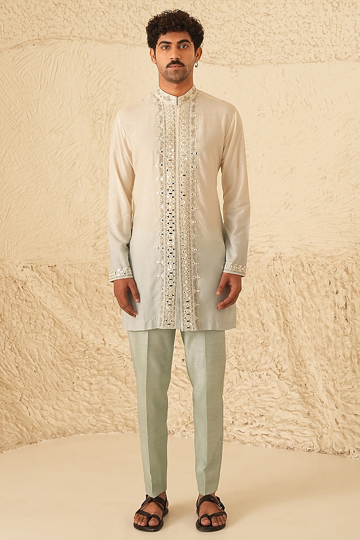 Ivory-Powder Blue Ombre Cotton Silk Hand Embroidered Kurta Set by Shreyansh Designs at Pernia's Pop Up Shop
