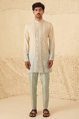Ivory-Powder Blue Ombre Cotton Silk Hand Embroidered Kurta Set by Shreyansh Designs