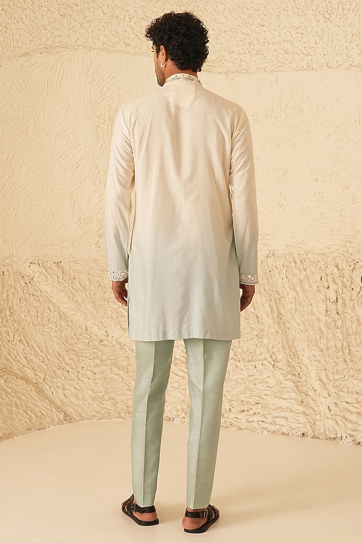 Ivory-Powder Blue Ombre Cotton Silk Hand Embroidered Kurta Set by Shreyansh Designs at Pernia's Pop Up Shop