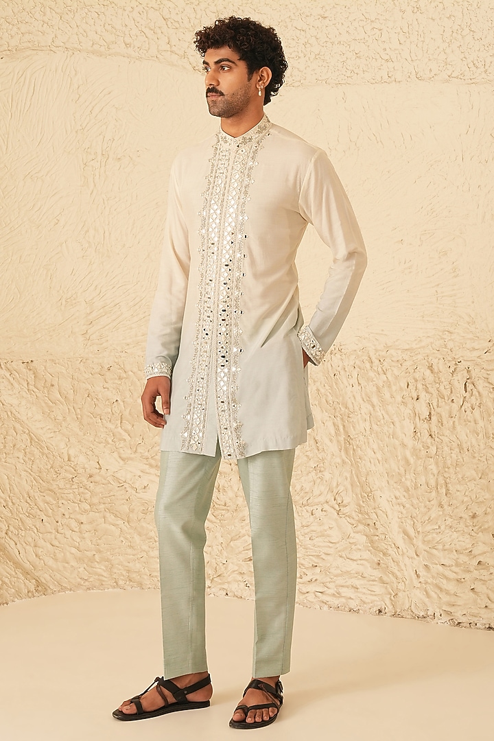 Ivory-Powder Blue Ombre Cotton Silk Hand Embroidered Kurta Set by Shreyansh Designs at Pernia's Pop Up Shop