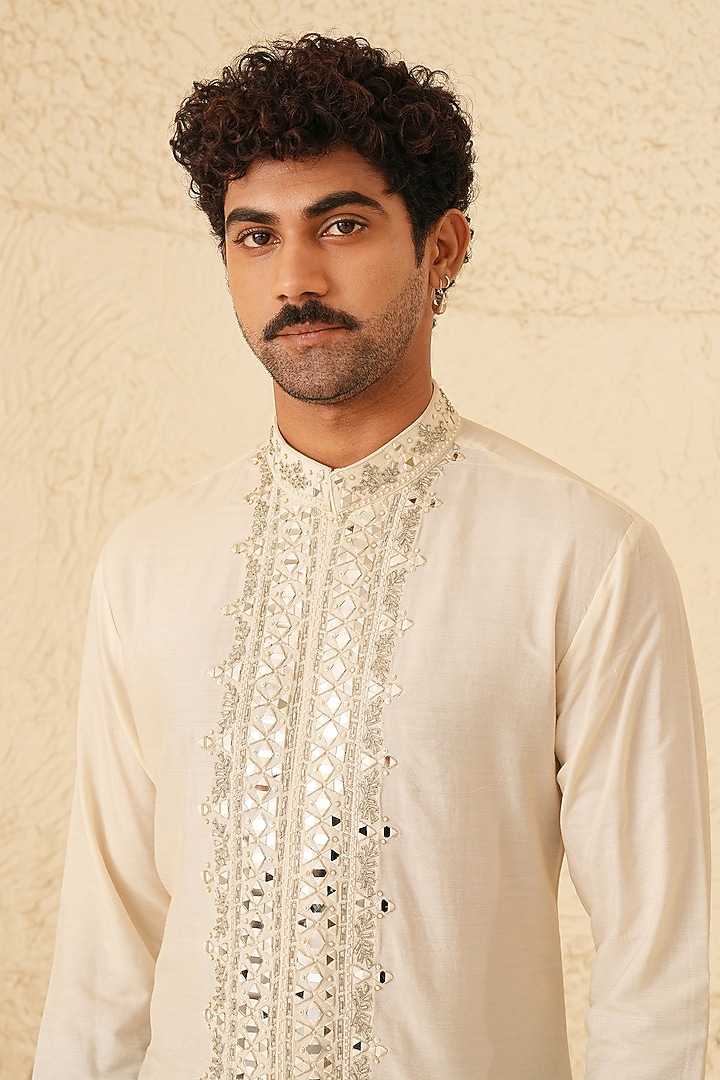 Ivory-Powder Blue Ombre Cotton Silk Hand Embroidered Kurta Set by Shreyansh Designs at Pernia's Pop Up Shop