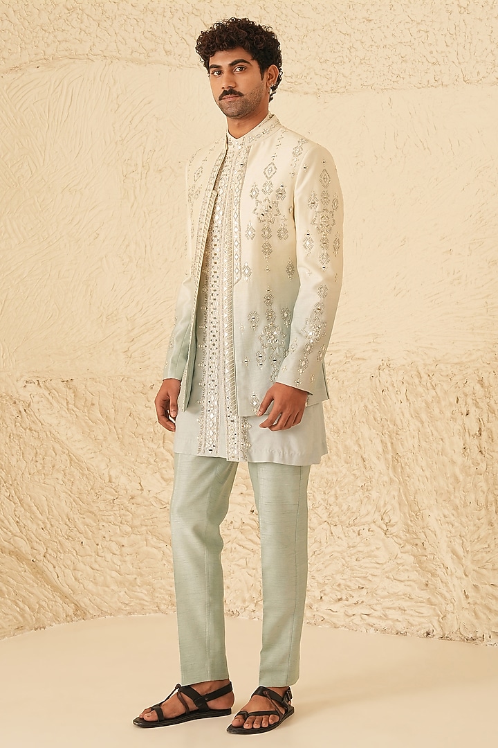 Ivory-Grey Ombre Dupion Silk Hand Embroidered Wedding Indowestern Set by Shreyansh Designs at Pernia's Pop Up Shop