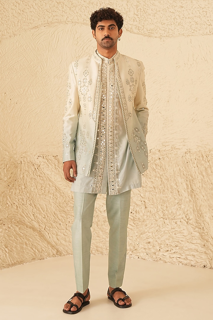 Ivory-Grey Ombre Dupion Silk Hand Embroidered Wedding Indowestern Set by Shreyansh Designs at Pernia's Pop Up Shop