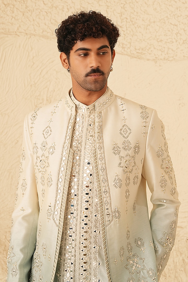 Ivory-Grey Ombre Dupion Silk Hand Embroidered Wedding Indowestern Set by Shreyansh Designs at Pernia's Pop Up Shop