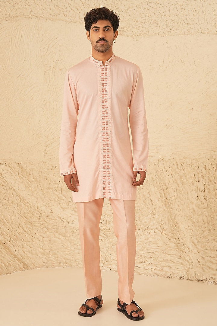 Powder Pink Cotton Silk Hand Embroidered Kurta Set by Shreyansh Designs at Pernia's Pop Up Shop