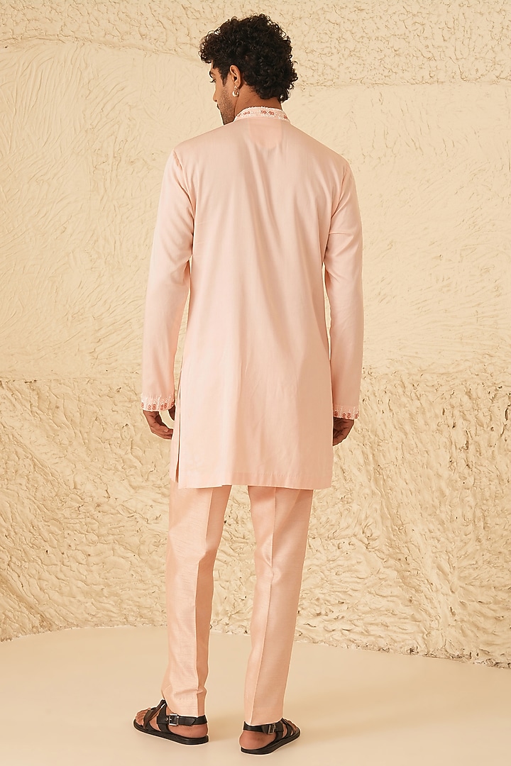 Powder Pink Cotton Silk Hand Embroidered Kurta Set by Shreyansh Designs at Pernia's Pop Up Shop