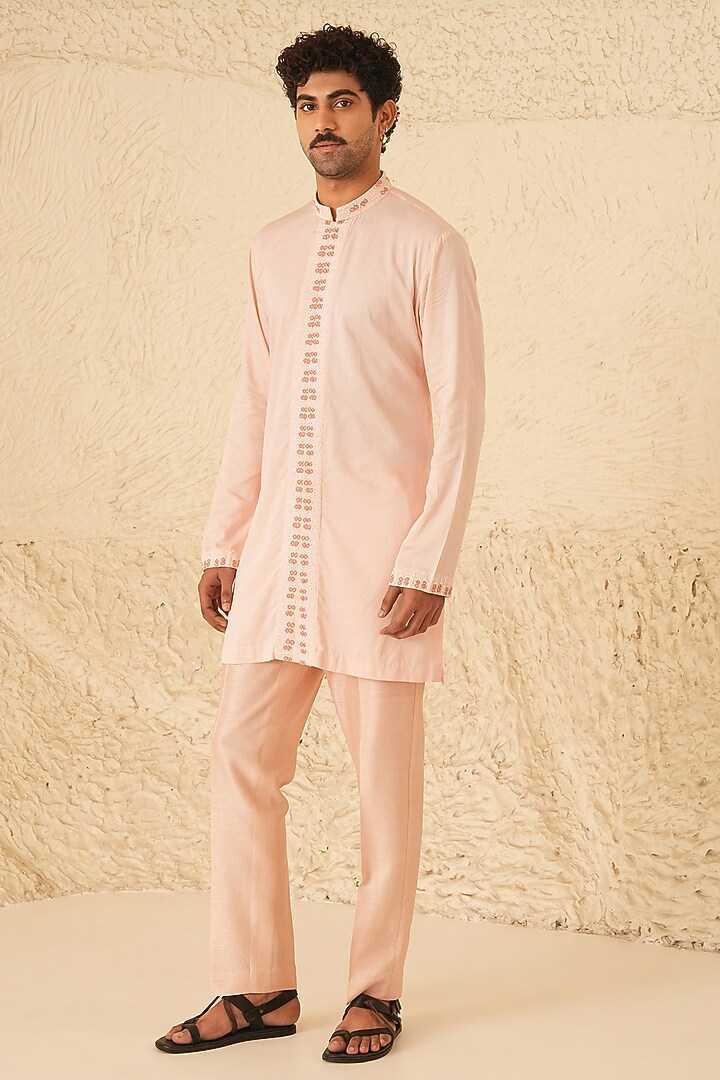 Powder Pink Cotton Silk Hand Embroidered Kurta Set by Shreyansh Designs at Pernia's Pop Up Shop