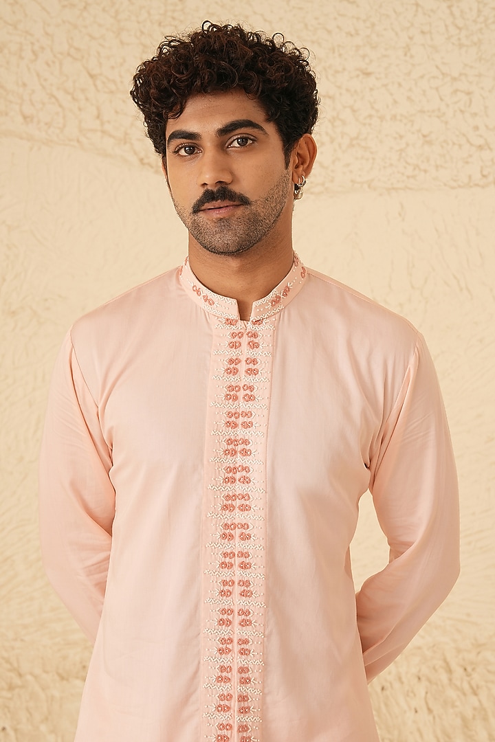 Powder Pink Cotton Silk Hand Embroidered Kurta Set by Shreyansh Designs at Pernia's Pop Up Shop