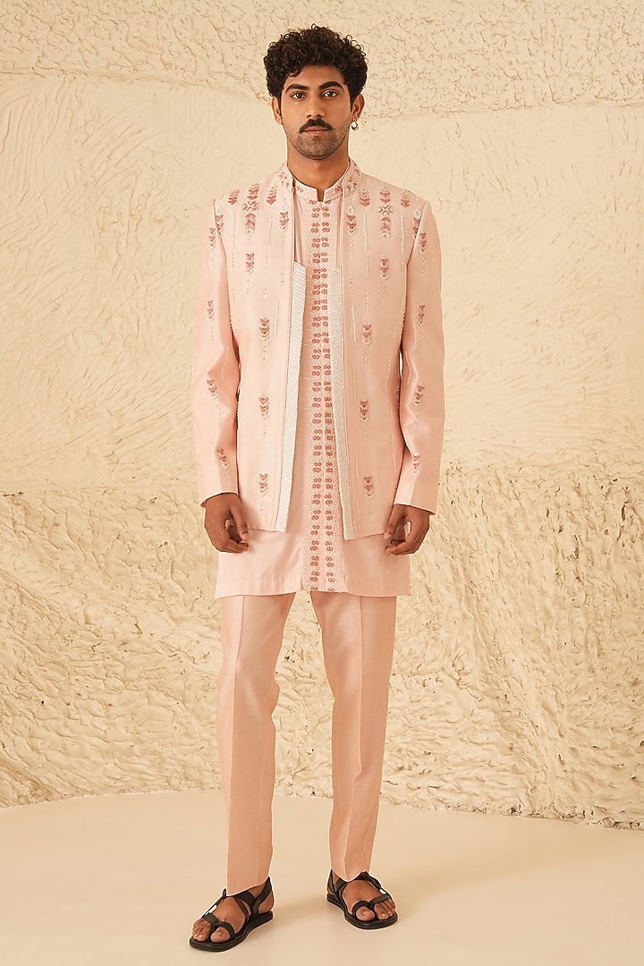 Powder Pink Dupion Silk Hand Embroidered Wedding Indowestern Set by Shreyansh Designs at Pernia's Pop Up Shop