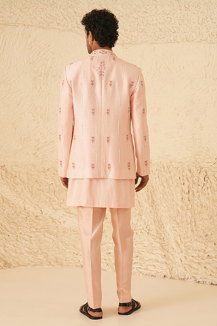 Powder Pink Dupion Silk Hand Embroidered Wedding Indowestern Set by Shreyansh Designs at Pernia's Pop Up Shop
