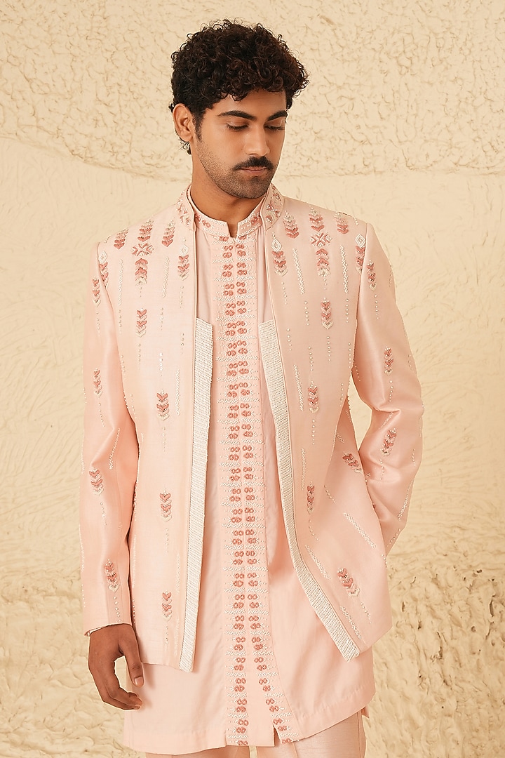 Powder Pink Dupion Silk Hand Embroidered Wedding Indowestern Set by Shreyansh Designs at Pernia's Pop Up Shop