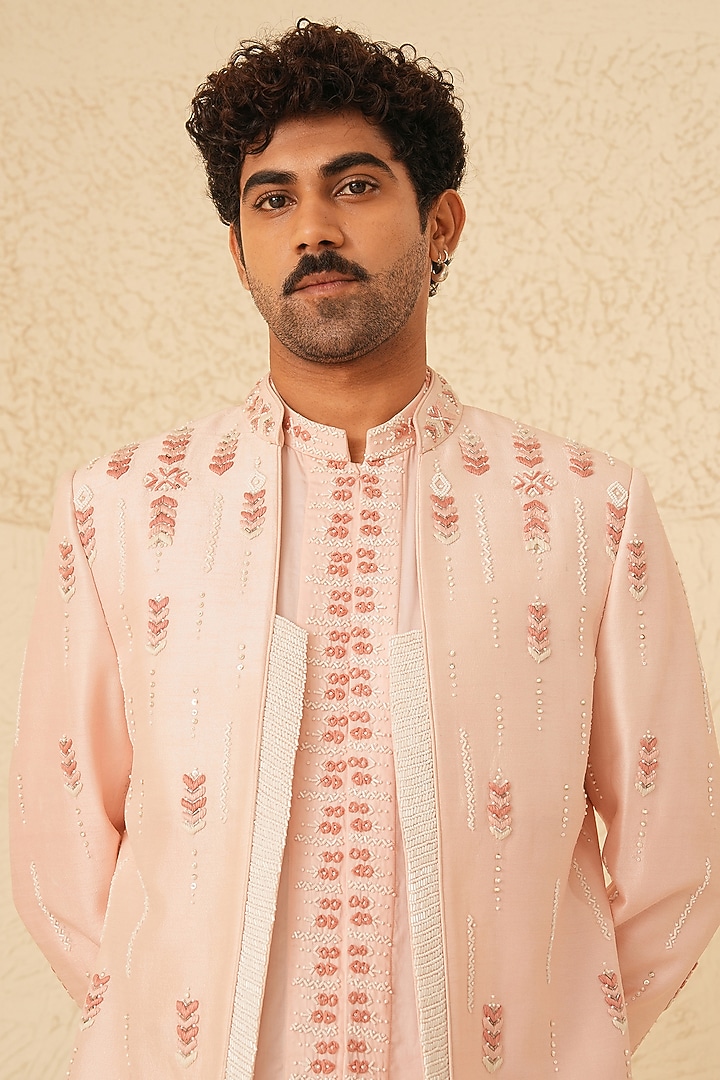 Powder Pink Dupion Silk Hand Embroidered Wedding Indowestern Set by Shreyansh Designs at Pernia's Pop Up Shop