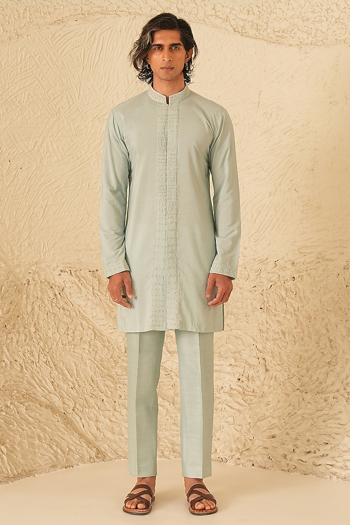 Powder Blue Cotton Silk Hand Embroidered Kurta Set by Shreyansh Designs at Pernia's Pop Up Shop