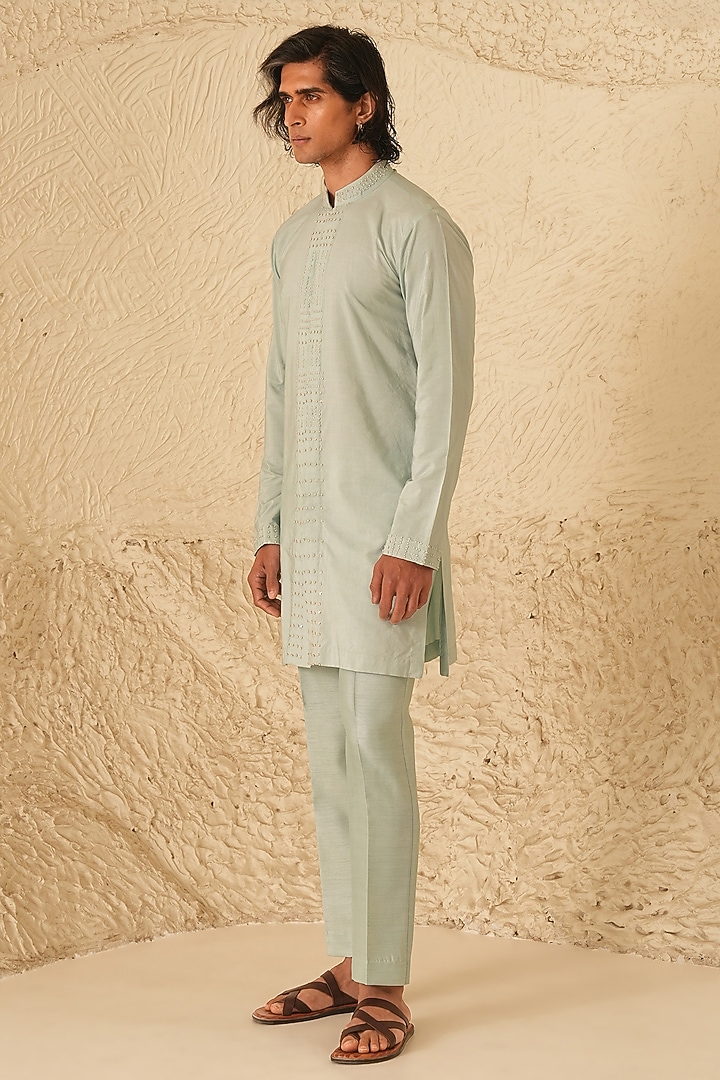 Powder Blue Cotton Silk Hand Embroidered Kurta Set by Shreyansh Designs at Pernia's Pop Up Shop
