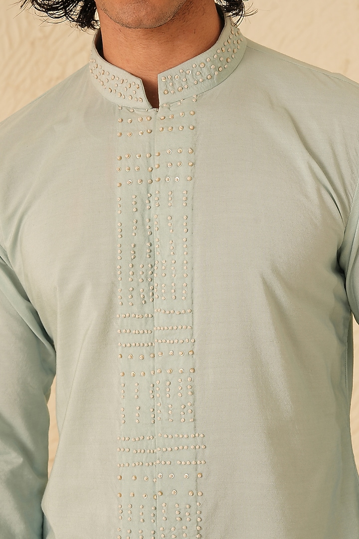 Powder Blue Cotton Silk Hand Embroidered Kurta Set by Shreyansh Designs at Pernia's Pop Up Shop