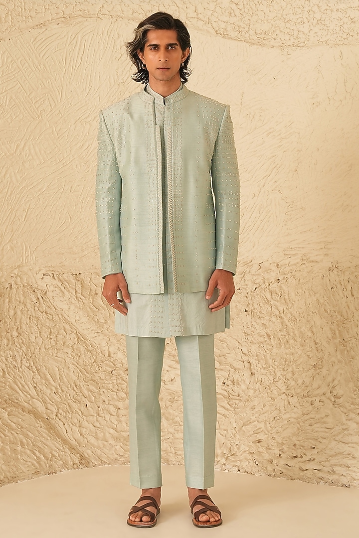 Powder Blue Cotton Silk Hand Embroidered Wedding Indowestern Set by Shreyansh Designs at Pernia's Pop Up Shop