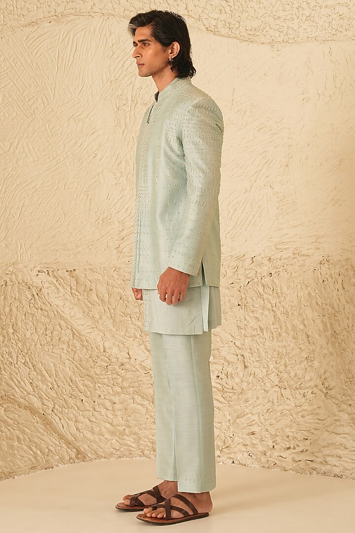Powder Blue Cotton Silk Hand Embroidered Wedding Indowestern Set by Shreyansh Designs at Pernia's Pop Up Shop