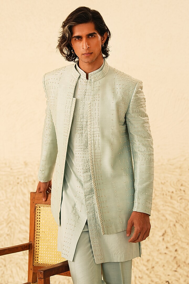 Powder Blue Cotton Silk Hand Embroidered Wedding Indowestern Set by Shreyansh Designs at Pernia's Pop Up Shop