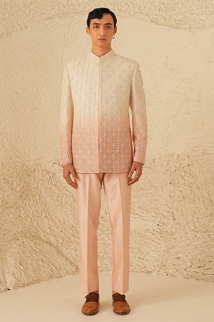 Ivory-Pink Ombre Dupion Silk Hand Embroidered Groom Bandhgala Set by Shreyansh Designs at Pernia's Pop Up Shop