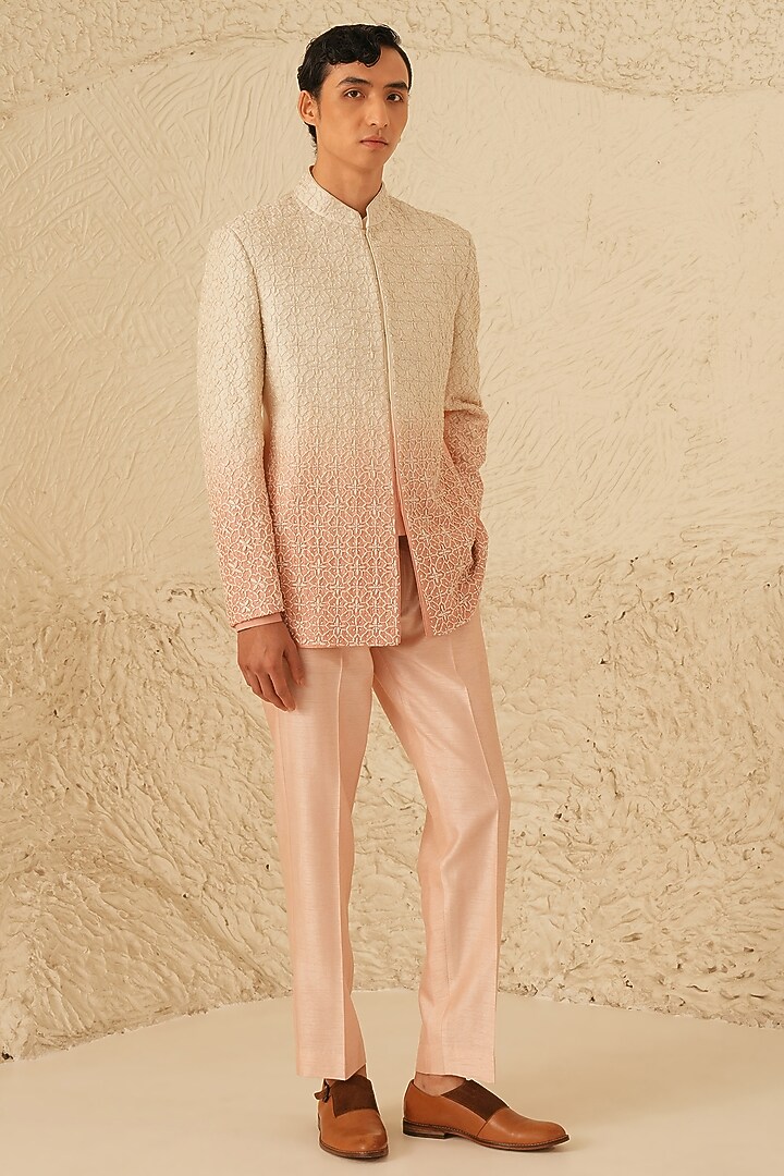 Ivory-Pink Ombre Dupion Silk Hand Embroidered Groom Bandhgala Set by Shreyansh Designs at Pernia's Pop Up Shop