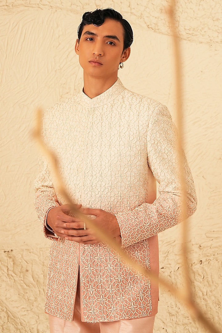 Ivory-Pink Ombre Dupion Silk Hand Embroidered Groom Bandhgala Set by Shreyansh Designs at Pernia's Pop Up Shop