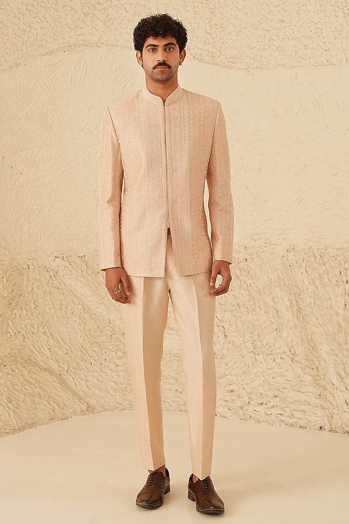 Rose Gold Dupion Silk Embroidered Groom Bandhgala Set by Shreyansh Designs at Pernia's Pop Up Shop