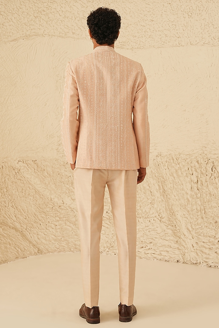 Rose Gold Dupion Silk Embroidered Groom Bandhgala Set by Shreyansh Designs at Pernia's Pop Up Shop