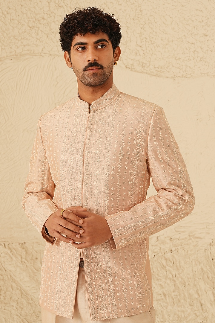 Rose Gold Dupion Silk Embroidered Groom Bandhgala Set by Shreyansh Designs at Pernia's Pop Up Shop