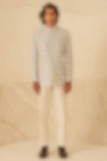 Ivory Dupion Silk Embroidered Groom Bandhgala Set by Shreyansh Designs at Pernia's Pop Up Shop