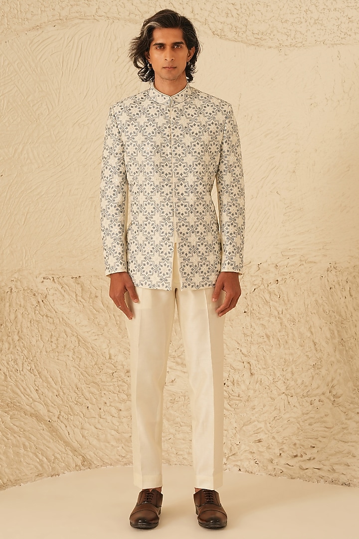 Ivory Dupion Silk Embroidered Groom Bandhgala Set by Shreyansh Designs at Pernia's Pop Up Shop