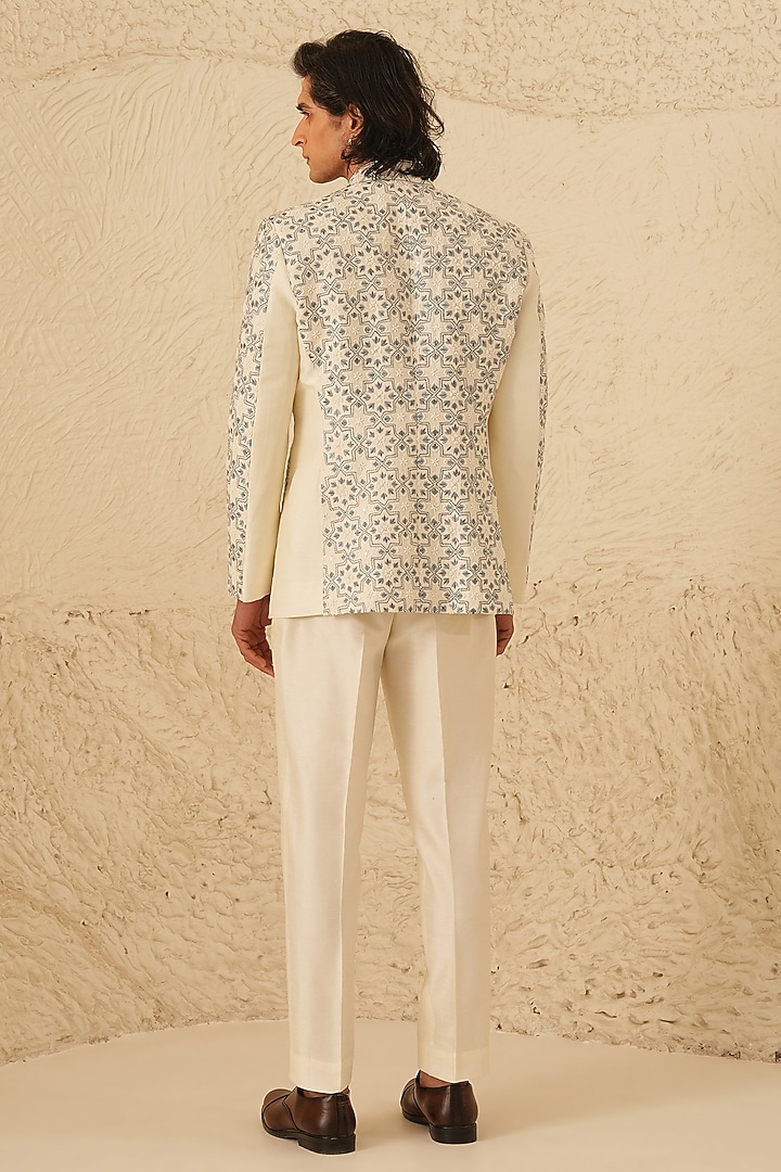 Ivory Dupion Silk Embroidered Groom Bandhgala Set by Shreyansh Designs at Pernia's Pop Up Shop