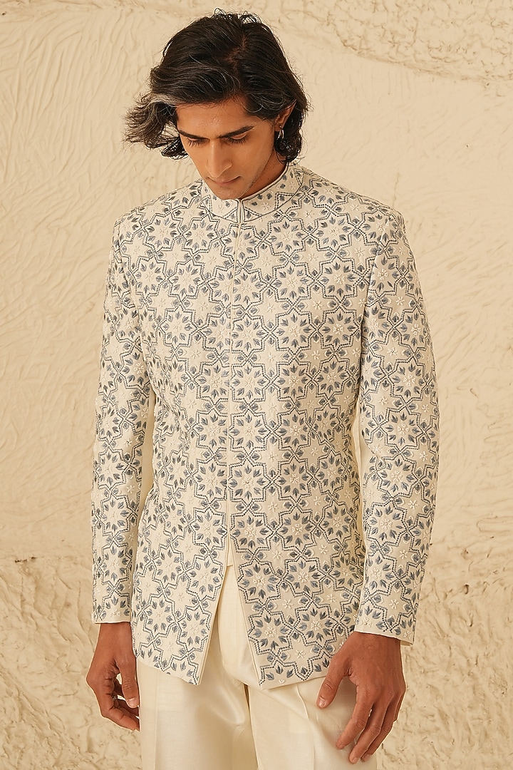 Ivory Dupion Silk Embroidered Groom Bandhgala Set by Shreyansh Designs at Pernia's Pop Up Shop