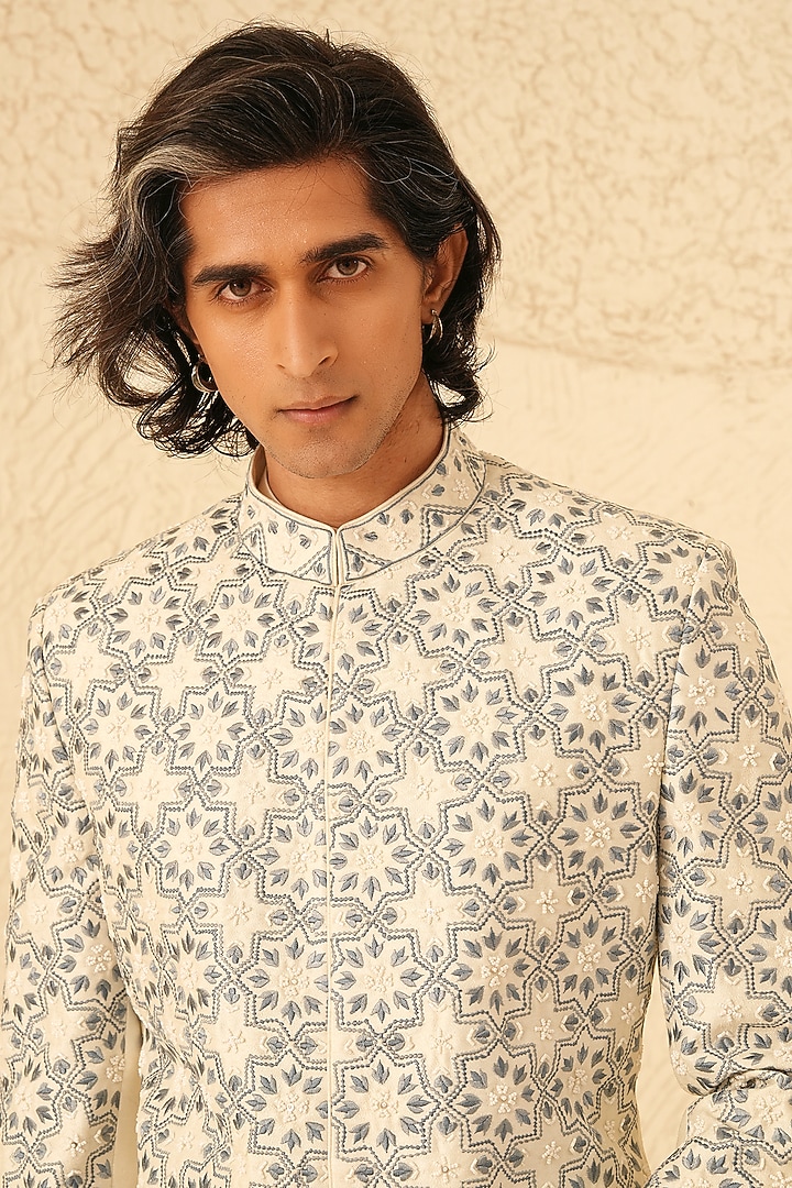 Ivory Dupion Silk Embroidered Groom Bandhgala Set by Shreyansh Designs at Pernia's Pop Up Shop