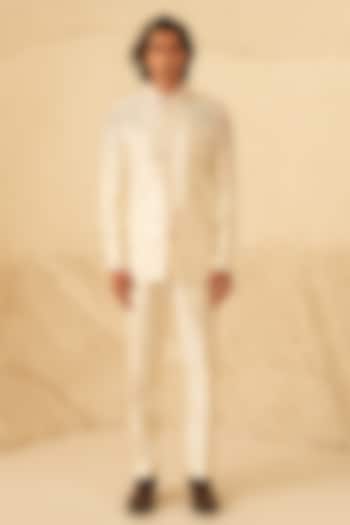Ivory Dupion Silk Hand Embroidered Groom Bandhgala Set by Shreyansh Designs at Pernia's Pop Up Shop