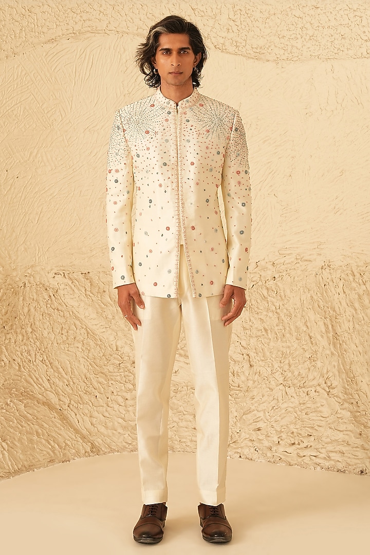 Ivory Dupion Silk Hand Embroidered Groom Bandhgala Set by Shreyansh Designs at Pernia's Pop Up Shop