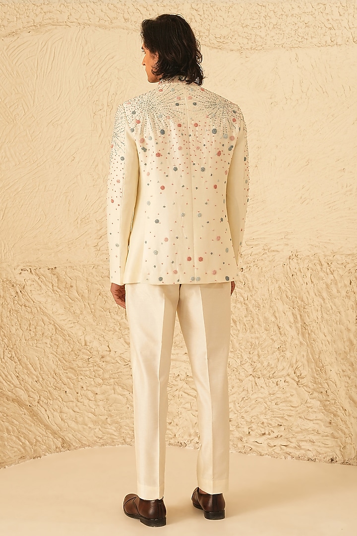 Ivory Dupion Silk Hand Embroidered Groom Bandhgala Set by Shreyansh Designs at Pernia's Pop Up Shop