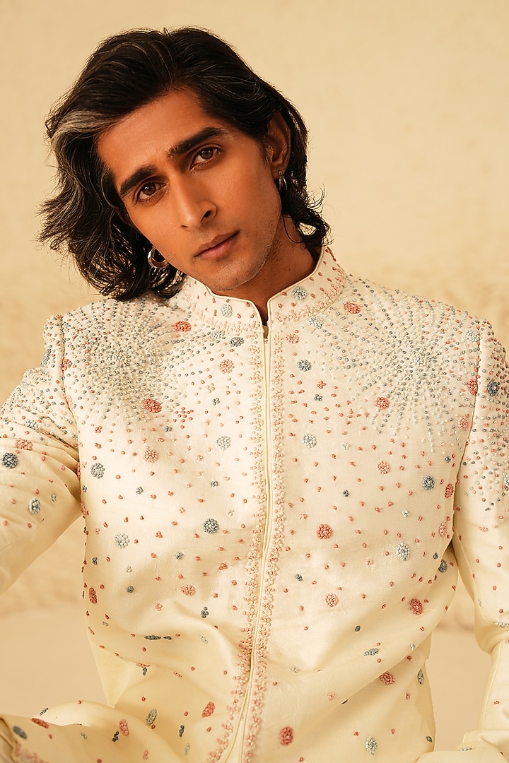 Ivory Dupion Silk Hand Embroidered Groom Bandhgala Set by Shreyansh Designs at Pernia's Pop Up Shop