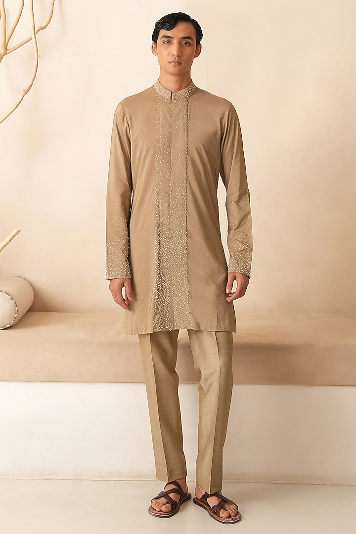 Desert Gold Cotton Silk Hand Embroidered Kurta Set by Shreyansh Designs at Pernia's Pop Up Shop