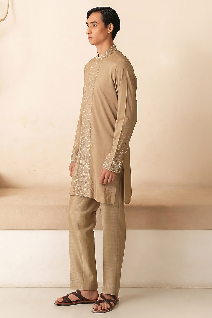 Desert Gold Cotton Silk Hand Embroidered Kurta Set by Shreyansh Designs at Pernia's Pop Up Shop